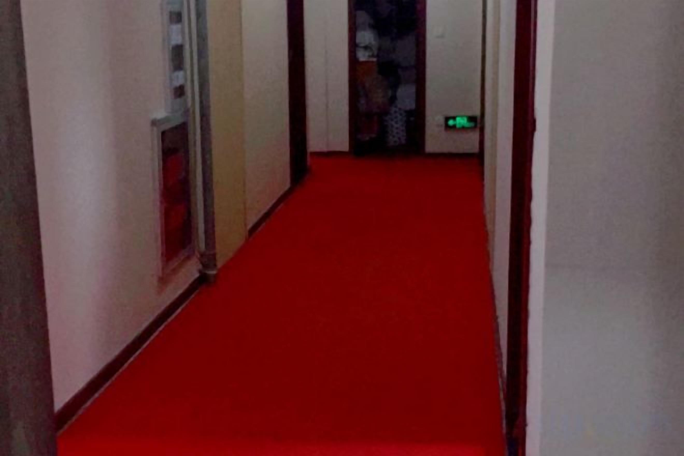 A hallway with a red carpet leading to a door with a green exit sign.
