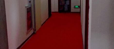 A hallway with a red carpet leading to a door with a green exit sign.