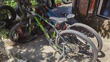 Una bicicleta apoyada contra un muro de ladrillo, con una valla metálica al fondo.