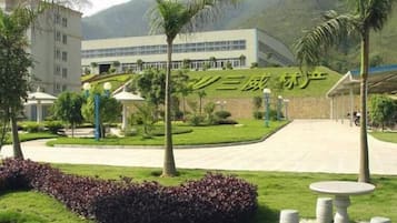 A building with a curved entrance, surrounded by a well-maintained lawn, palm trees, and a clear sky.