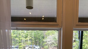 A view through a window with a view of a lake, trees, and a building.