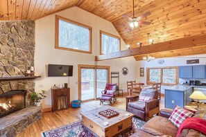 Smart TV, chimenea y libros 