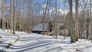 Una cabaña de madera con techo metálico, rodeada de nieve y árboles sin hojas.