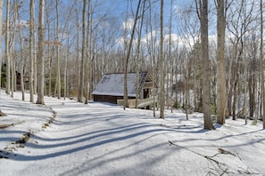 A cabin surrounded by snow-covered ground and leafless trees.