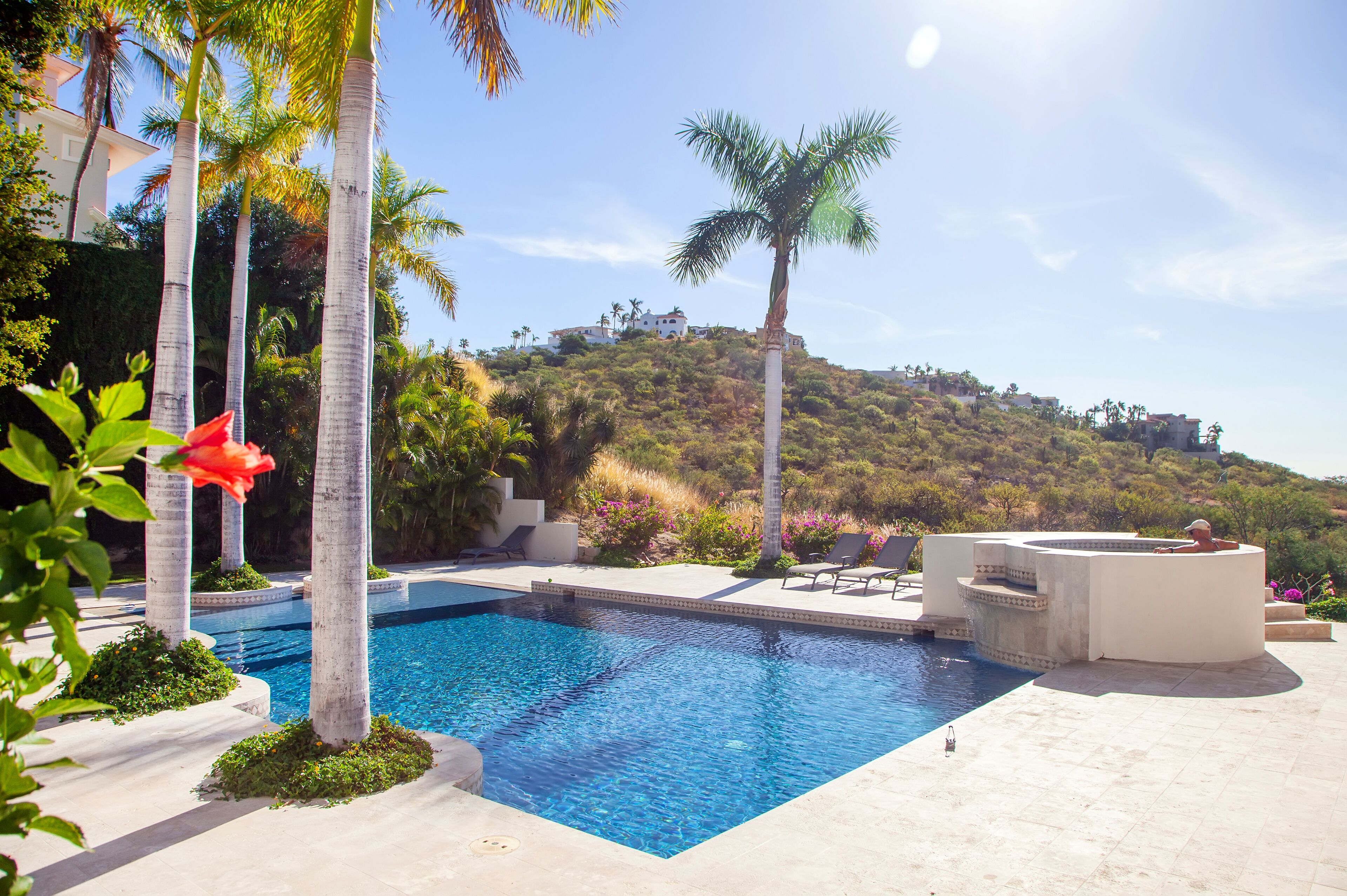 A swimming pool with a view of a hillside and palm trees.