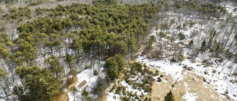 An aerial view of a forested area with scattered snow patches and a small building.