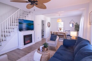 Smart TV, fireplace, video games, books