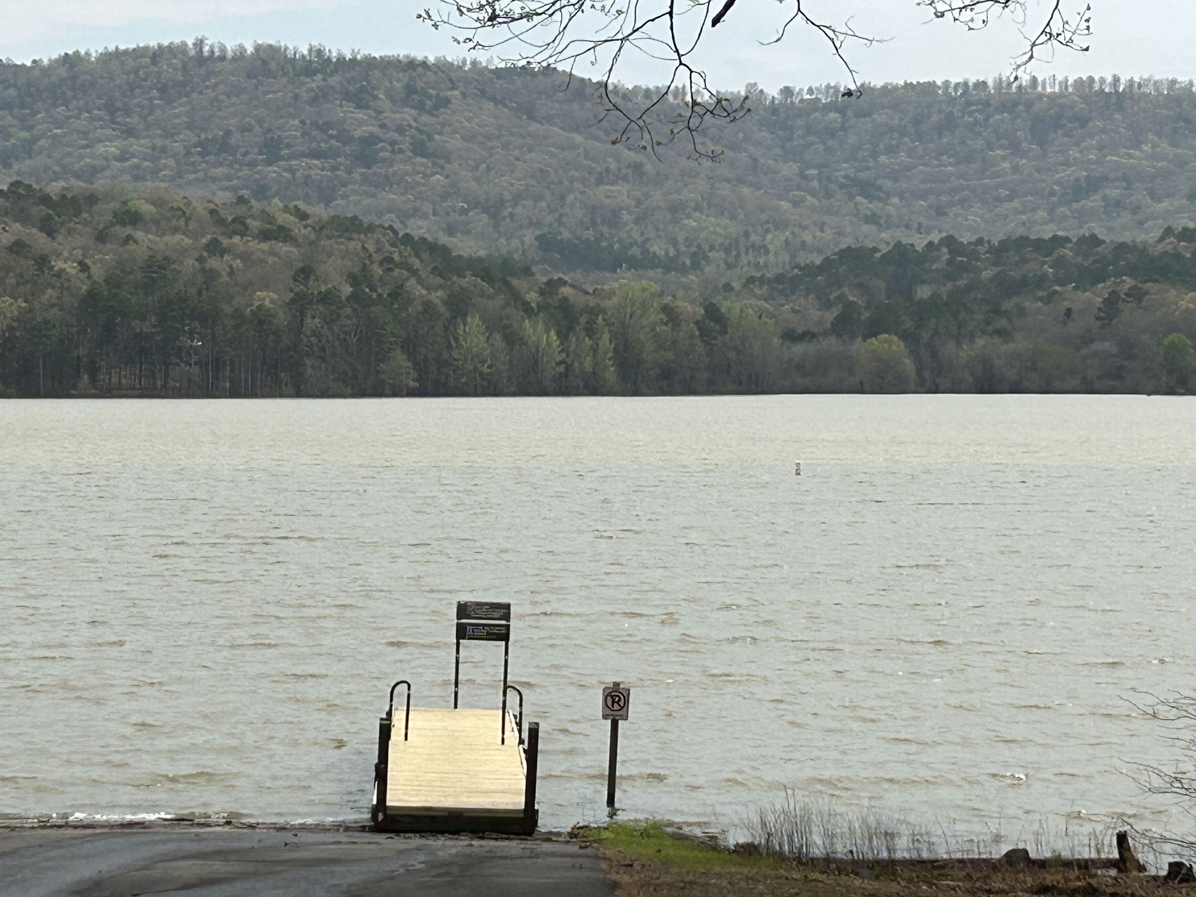 Un muelle de madera que se adentra en un lago tranquilo, con una colina boscosa al fondo.