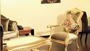 Un salon comprenant un canapé, une table basse, un fauteuil décoratif et un tableau accroché au mur.