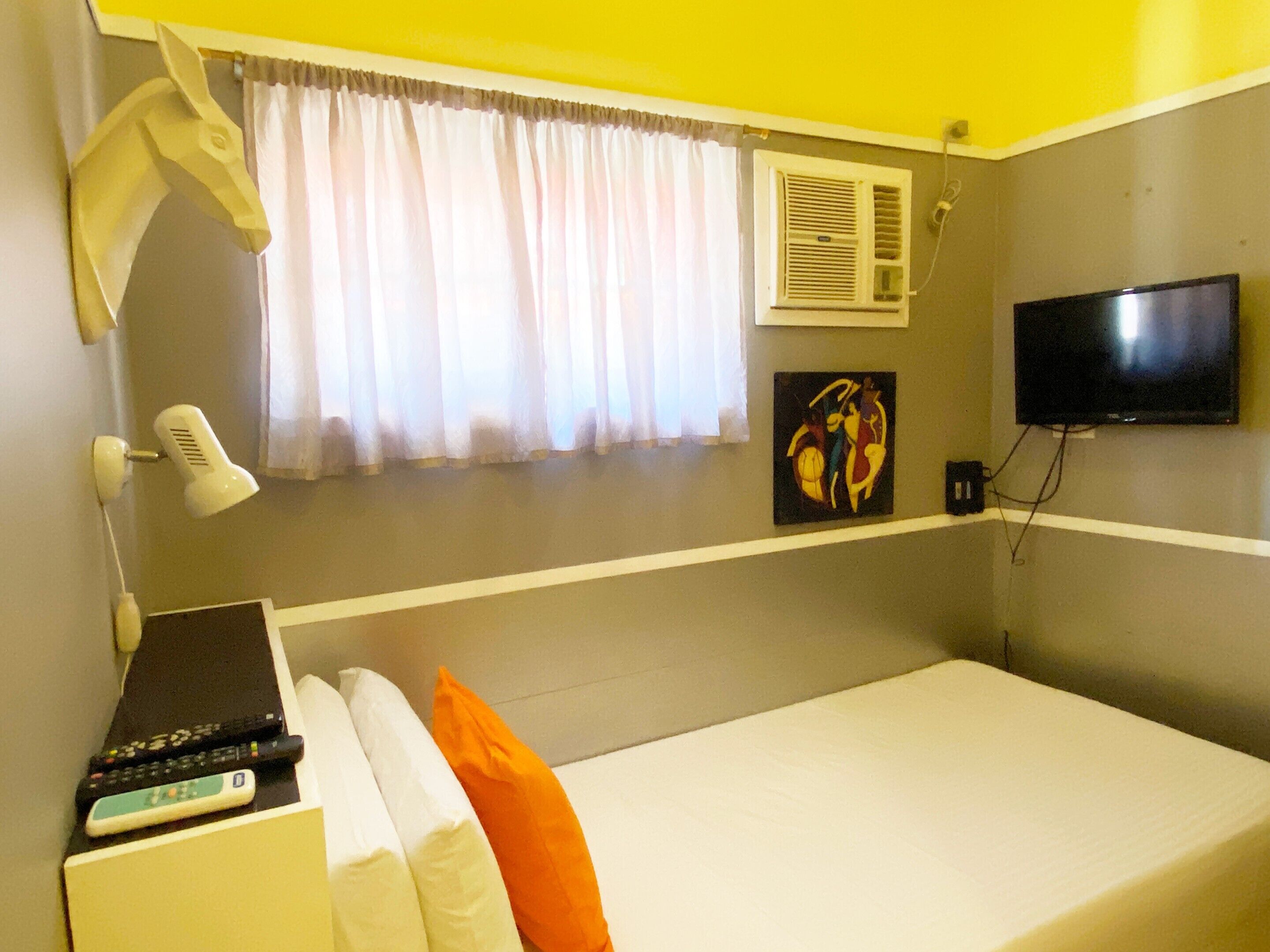 Una habitación de hotel con cama, televisión, un cuadro, una ventana con cortinas y una lámpara en el techo.
