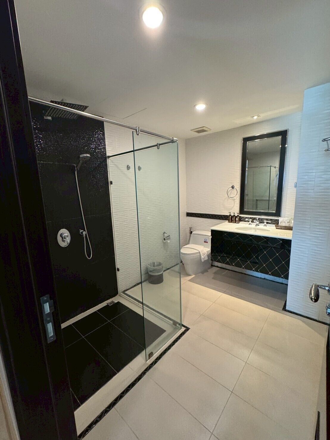 Een moderne badkamer met een douche met glazen wand, een toilet en een wastafel met spiegel erboven.