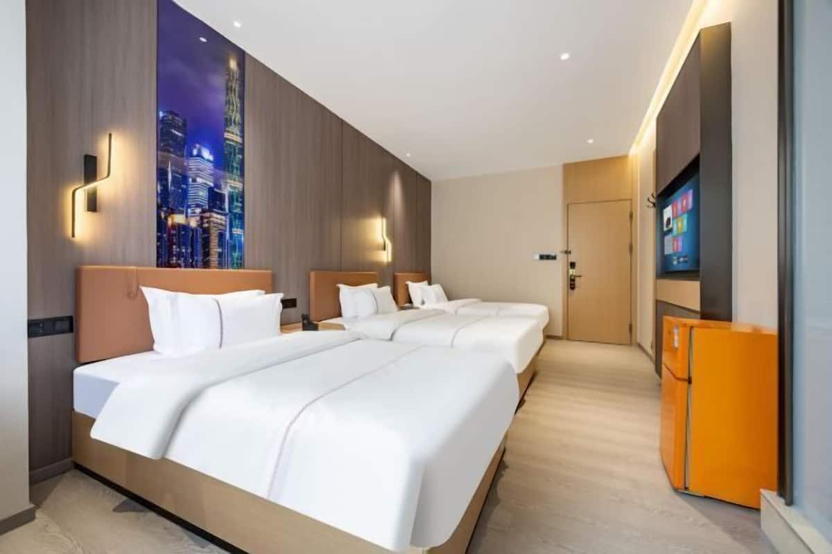 A hotel room with a large bed, a television, and a cityscape view.