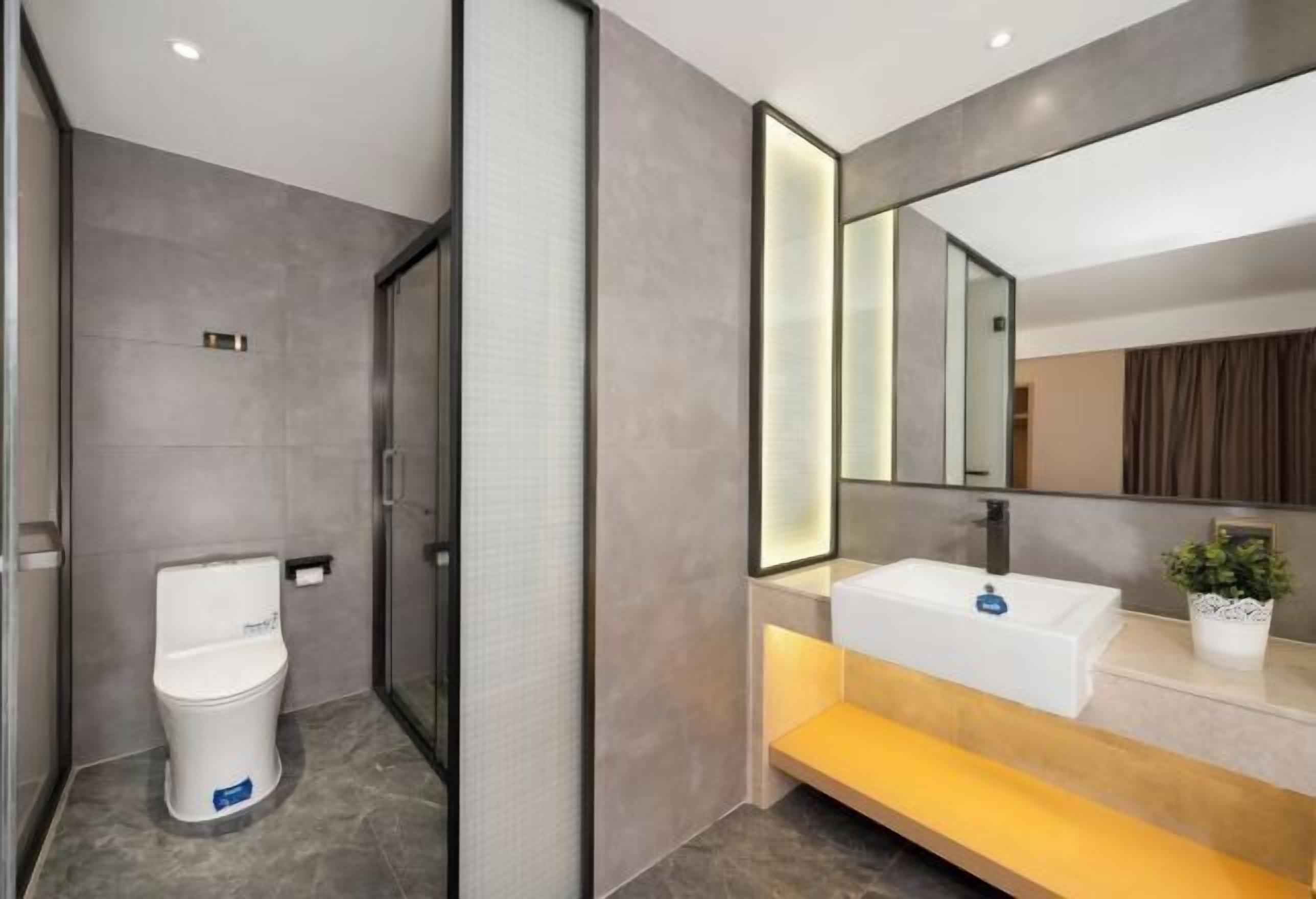 A modern bathroom with a toilet, a sink, and a large mirror.