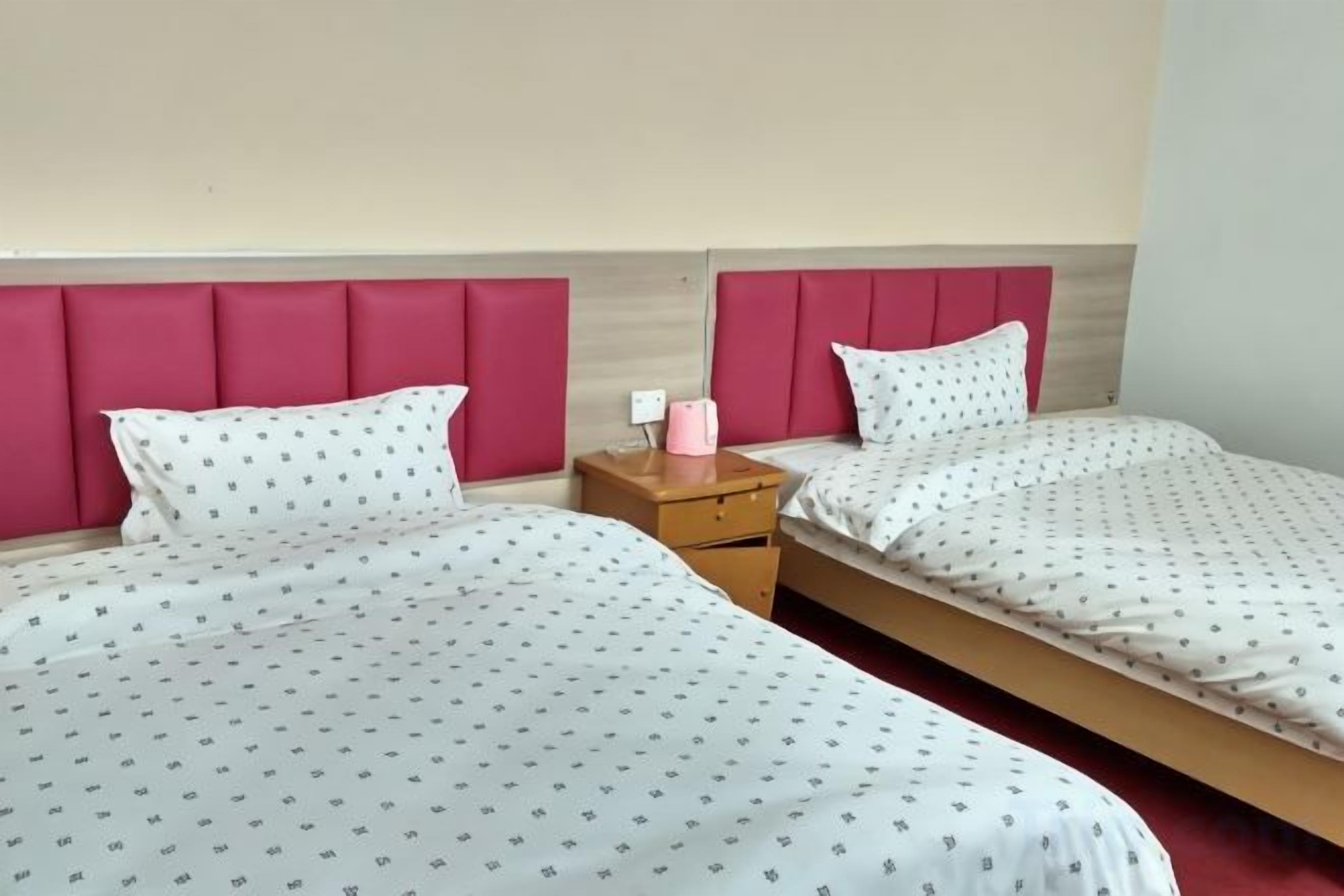Habitación de hotel con dos camas, cada una con cabecero rosa, y una mesita de noche de madera entre ellas.
