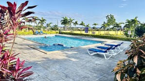 A swimming pool with blue tiles, surrounded by palm trees and a clear sky.