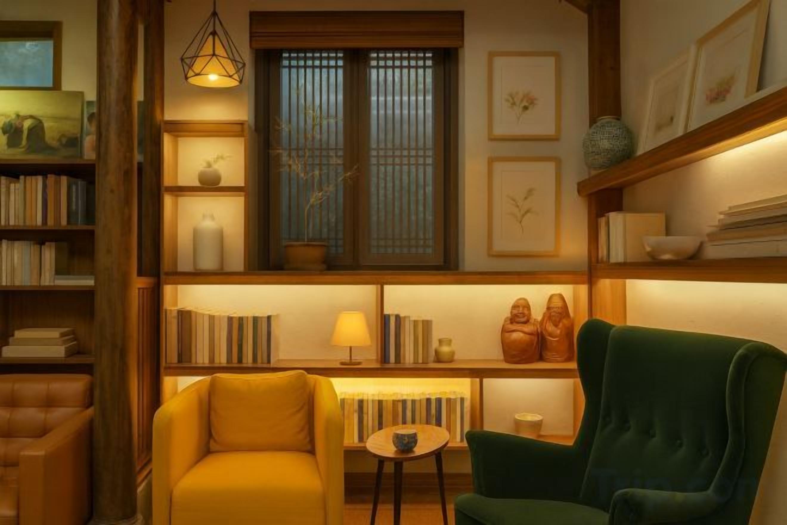 A cozy reading nook with a green armchair, a yellow armchair, and a small table with a lamp. There are bookshelves with books and decorative items, and a window with blinds.