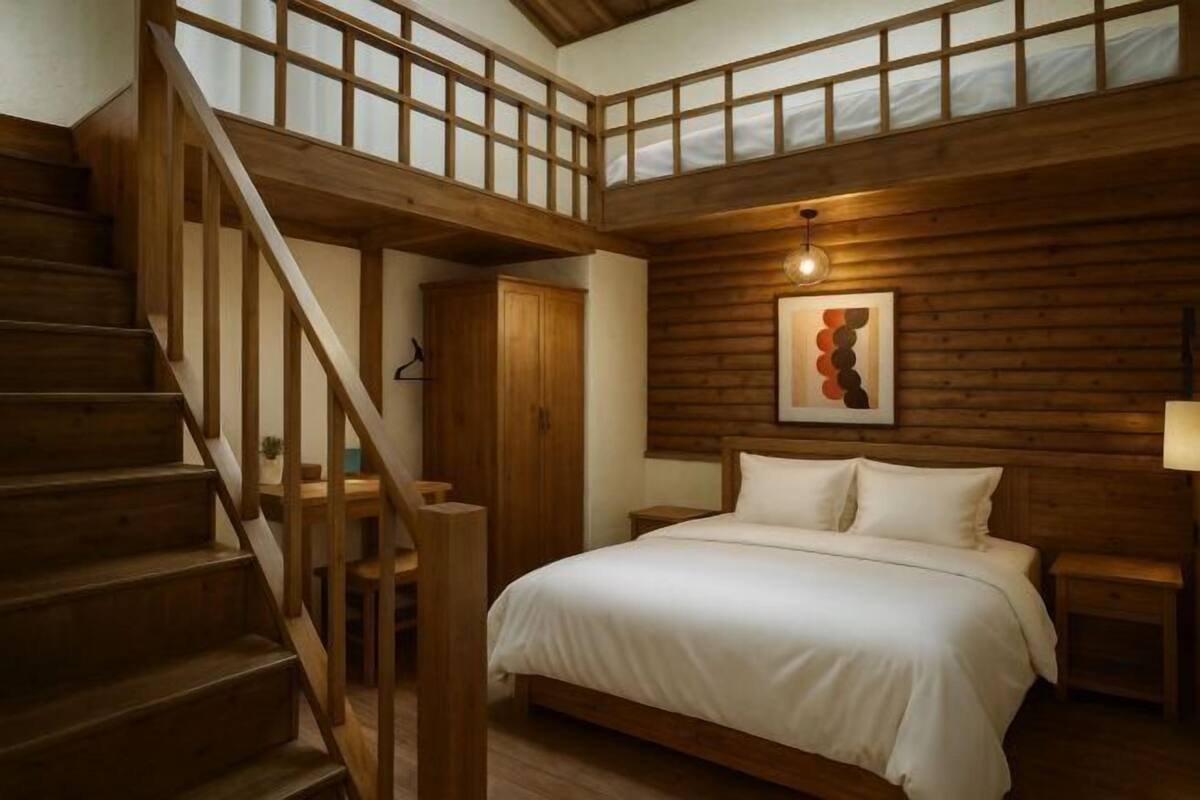 Une chambre avec un escalier en bois, un lit, une table de chevet et un mur en bois orné d’un tableau.