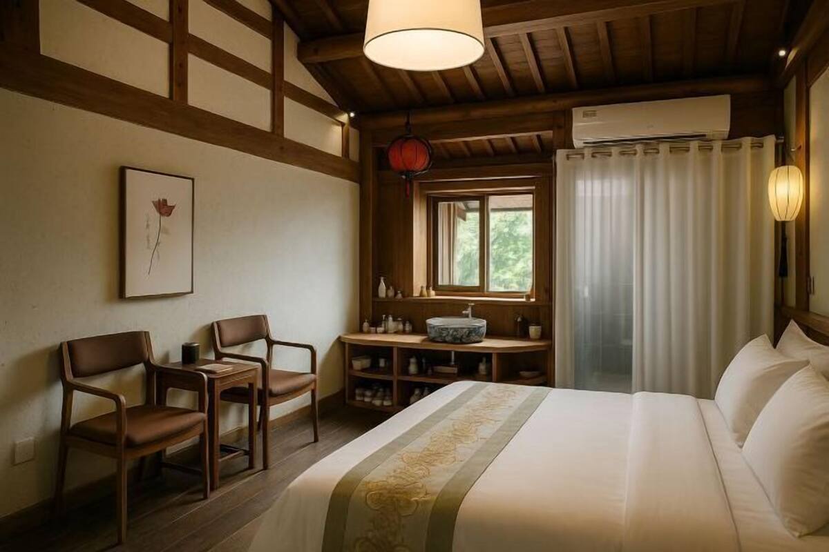 Une chambre d’hôtel comprenant un lit, deux chaises, une petite table, une fenêtre avec des rideaux, un lavabo et un miroir.