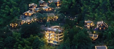 A cluster of multi-story buildings with multiple balconies, surrounded by dense forest.