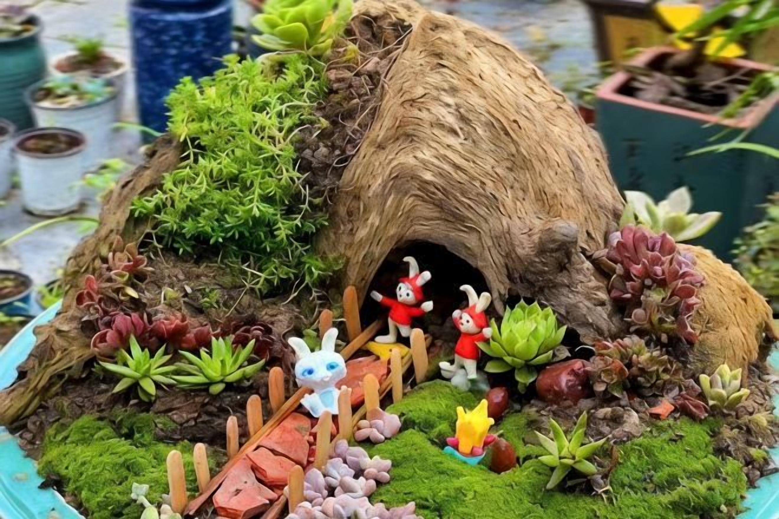 A miniature garden with a mushroom house, small figurines, and various plants.