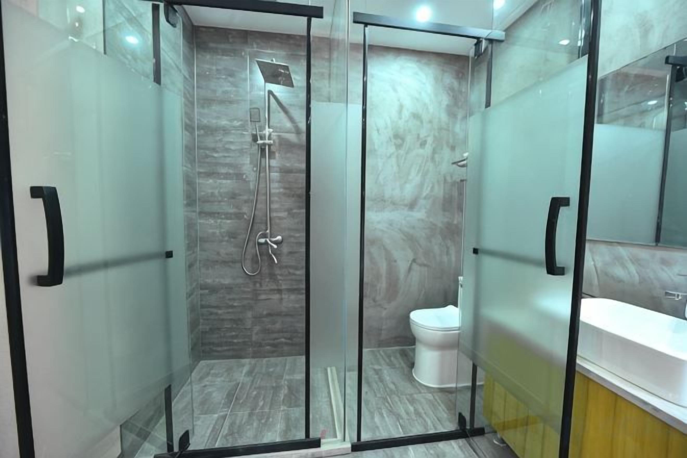 A glass-enclosed shower stall with a handheld showerhead, a toilet, and a sink with a mirror.