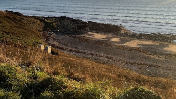 A coastal landscape with a clear sky, rocky shoreline, and grassy terrain.