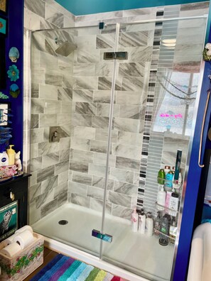 Hair dryer, towels, soap, shampoo