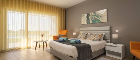 A modern bedroom with a large bed, bedside tables, a chair, and a window with curtains.