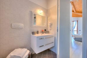 Shower, hair dryer, bidet, towels