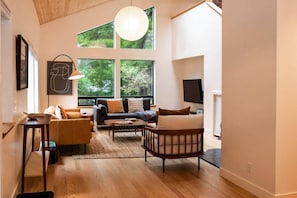 Smart TV, fireplace, books, stereo