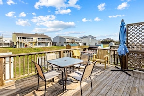 Enjoy outdoor dining or relaxation on this deck with a table and chairs.