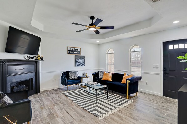 Smart TV, fireplace, video games, foosball