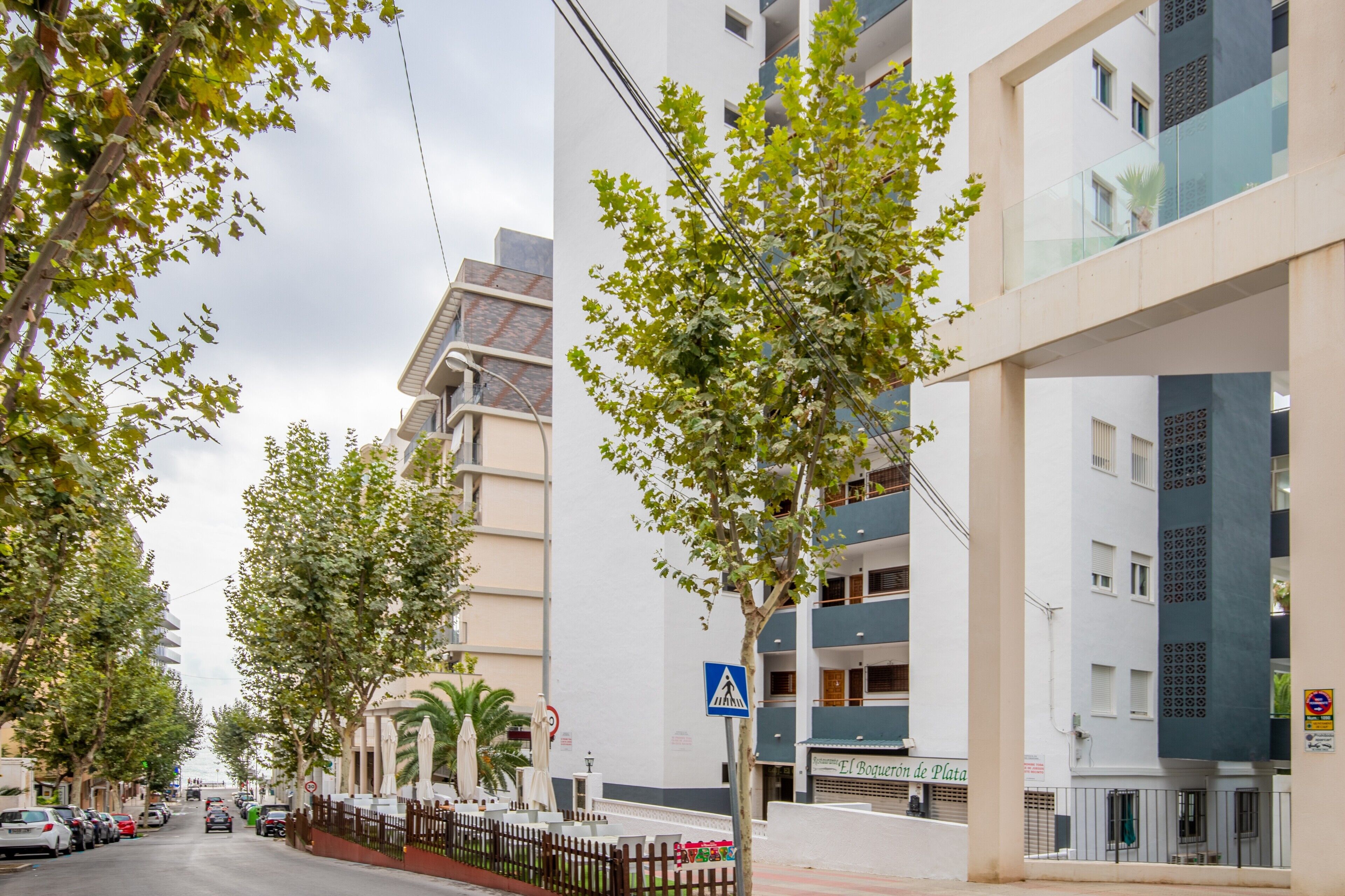 A street lined with trees and modern buildings, a pedestrian crossing sign, and a sign for 'El Boquerón de Plata.'