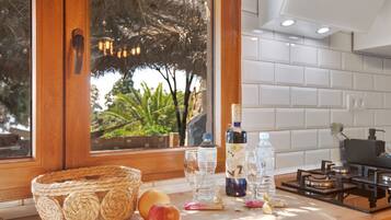 Fridge, microwave, stovetop, coffee/tea maker