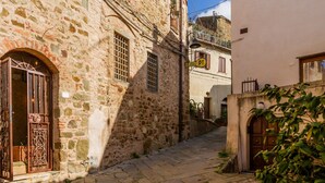 Une ruelle pavée étroite, bordée de bâtiments des deux côtés, avec une grille en métal et un petit arbre.