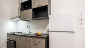 Cocina moderna con estufa a gas, lavamanos y refrigerador blanco.
