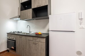 Cocina moderna con estufa a gas, lavamanos y refrigerador blanco.