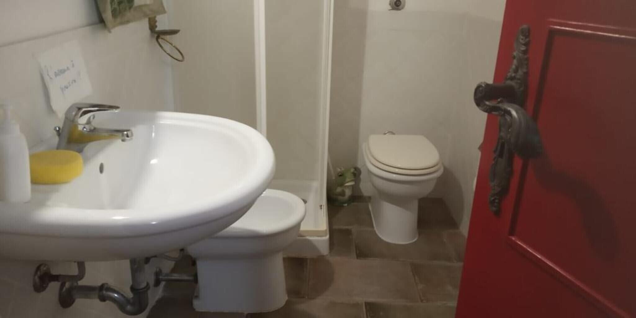 A bathroom with a white sink, a toilet, and a red door.