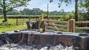 Une bouteille de champagne et deux verres posés sur une surface métallique, avec une clôture en bois et de la verdure en arrière-plan.