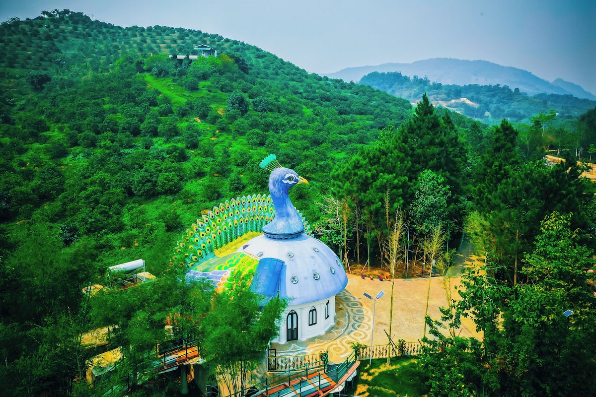 A large, uniquely shaped building with a dome and a peacock statue, surrounded by lush greenery and hills in the background.