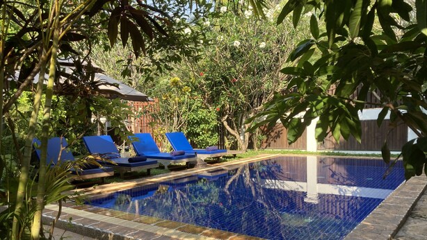 A swimming pool with blue tiles, surrounded by lounge chairs and greenery.