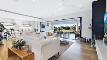 Smart TV, fireplace, stereo, computer monitors