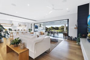 Smart TV, fireplace, stereo, computer monitors