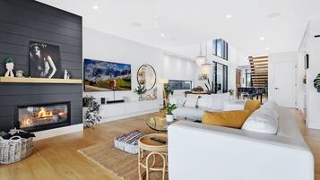 Smart TV, fireplace, stereo, computer monitors