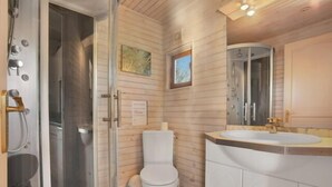 A modern bathroom with a shower, toilet, sink, and mirror. - Quiet chalet 10 minutes from the beach (Roquebrune-sur-Argens)