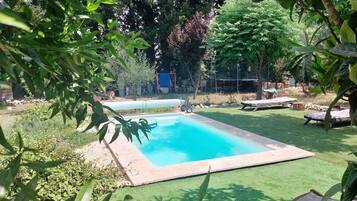 Une piscine rectangulaire bordée de carreaux, entourée d’une pelouse bien entretenue et de divers arbres.