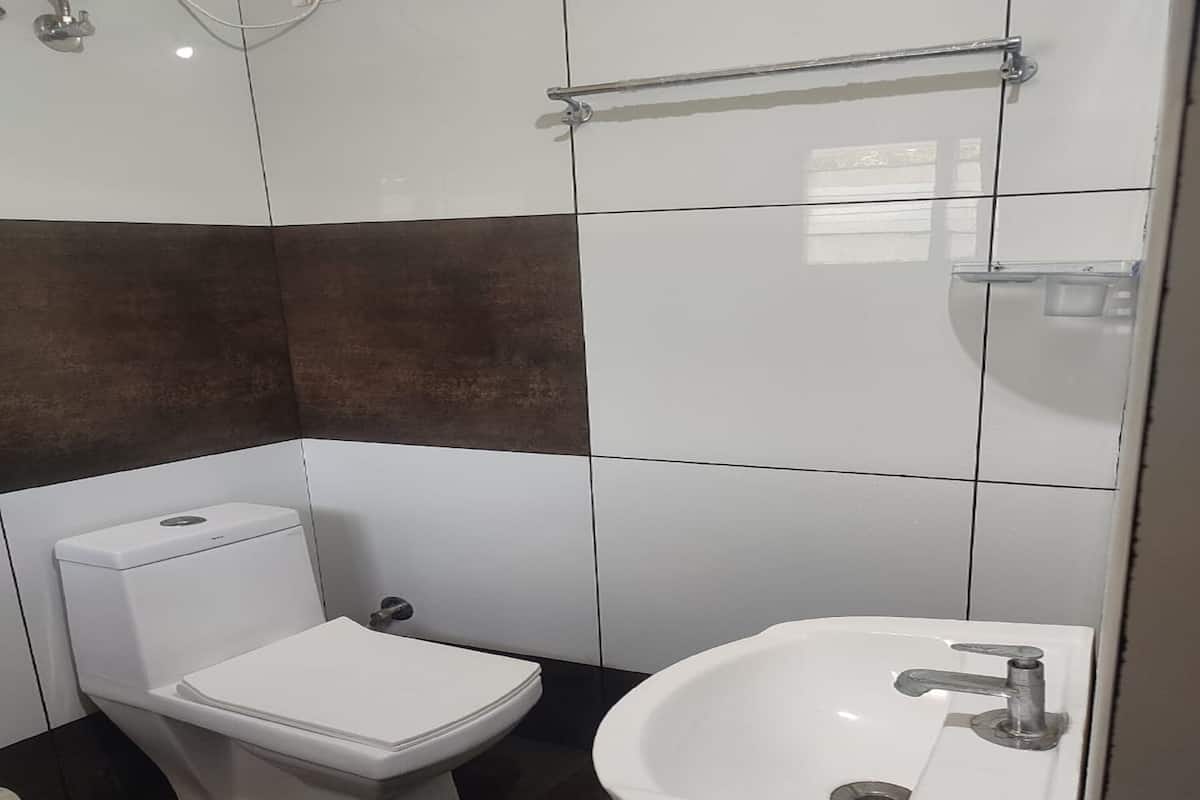 A bathroom with a toilet, sink, and a towel rack.