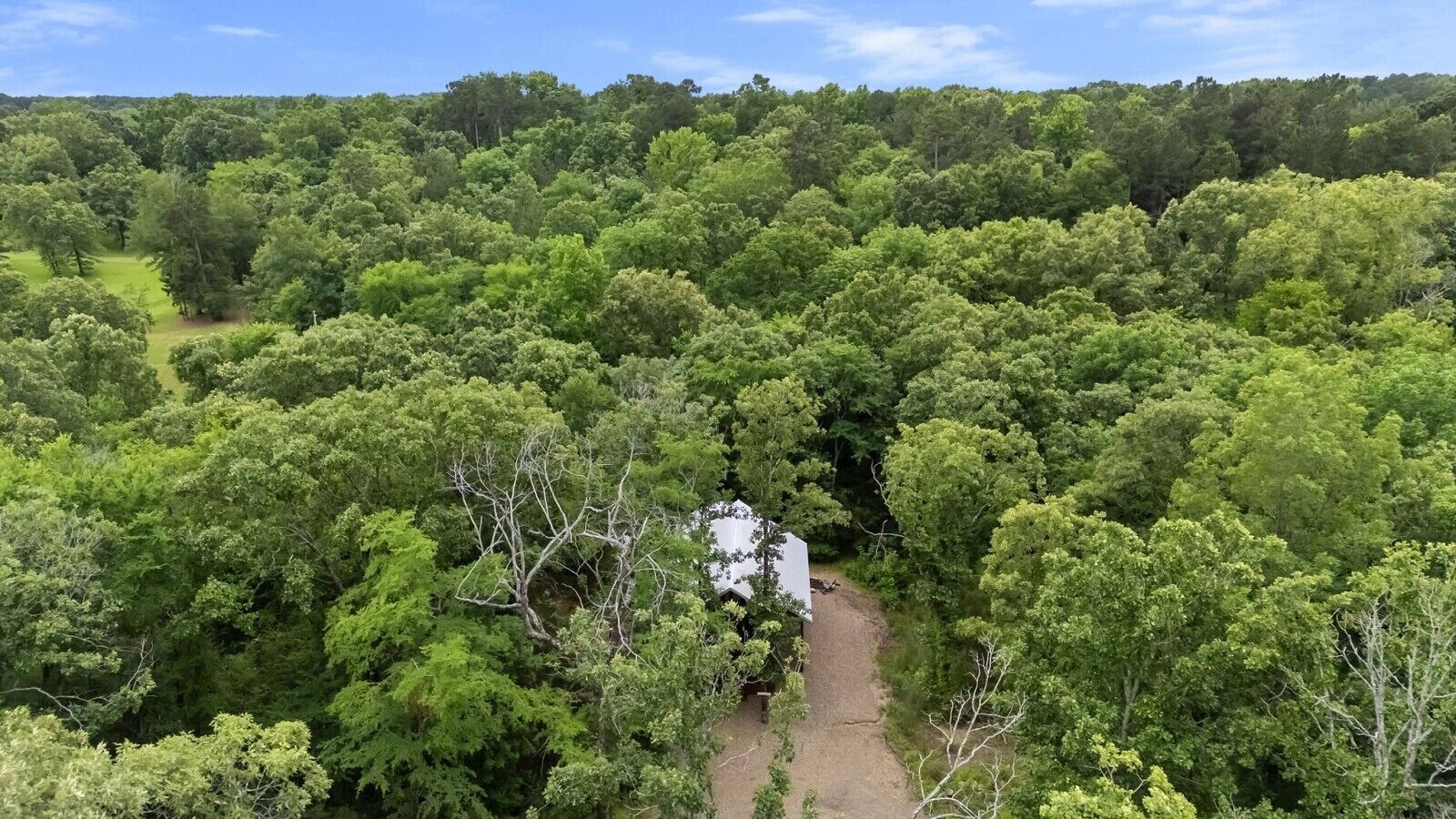 Zona boscosa con un sendero de tierra que conduce a un edificio blanco.