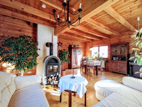 Smart TV, fireplace, books