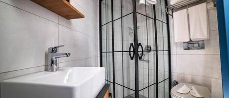 Un baño moderno con ducha de vidrio, un lavabo blanco y un inodoro.